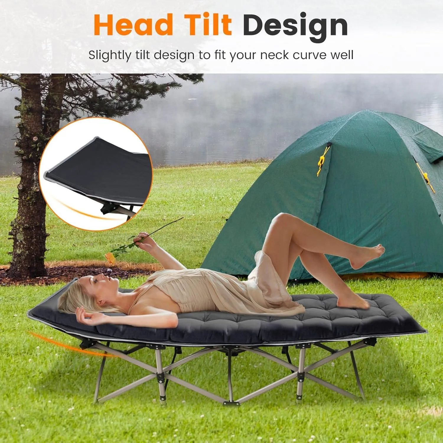 Moclever Folding Camping Cot, Portable Sleeping Cot for Adults, Heavy-Duty 440LBS Capacity Bed, Tear-Resistant 600D Oxford with Removable Soft Pad, 10 Sturdy Legs for Outdoor Camping,Travel,Office Nap