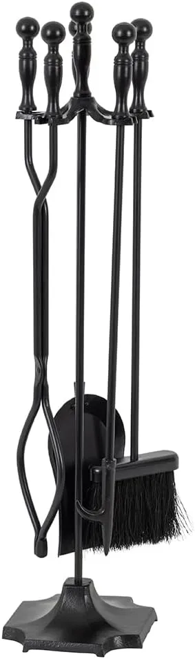 Modern Ember Cascade 5 Piece Fireplace Tool Set in Black | Includes Brush, Shovel, Fire Poker, Tongs, and Stand | Heavy Guage, Coated Steel | Heat-Resistant Plating | Sleek Rounded Handles