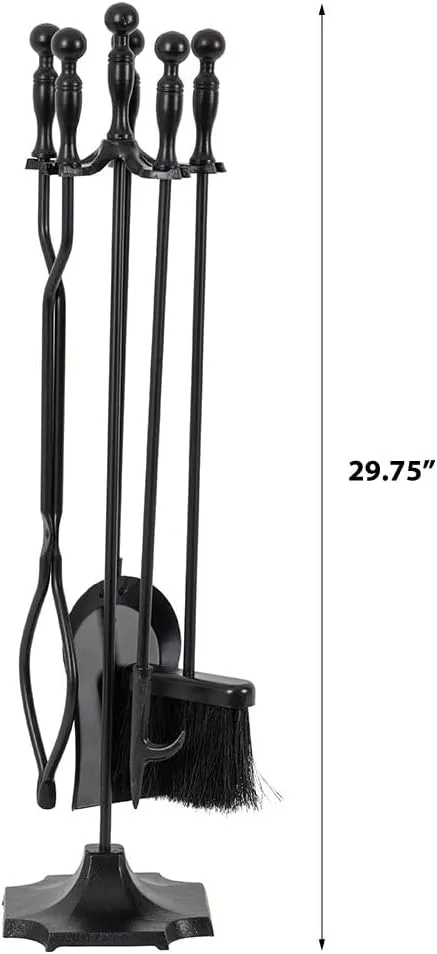 Modern Ember Cascade 5 Piece Fireplace Tool Set in Black | Includes Brush, Shovel, Fire Poker, Tongs, and Stand | Heavy Guage, Coated Steel | Heat-Resistant Plating | Sleek Rounded Handles