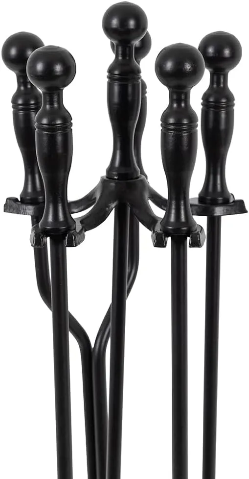 Modern Ember Cascade 5 Piece Fireplace Tool Set in Black | Includes Brush, Shovel, Fire Poker, Tongs, and Stand | Heavy Guage, Coated Steel | Heat-Resistant Plating | Sleek Rounded Handles