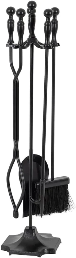 Modern Ember Cascade 5 Piece Fireplace Tool Set in Black | Includes Brush, Shovel, Fire Poker, Tongs, and Stand | Heavy Guage, Coated Steel | Heat-Resistant Plating | Sleek Rounded Handles