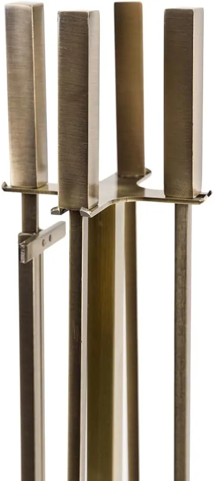 Modern Ember Harriet 5 Piece Fireplace Tool Set in Aged Brass | Includes Brush, Shovel, Fire Poker, Tongs, and Stand | Heavy-Duty Steel | Heat-Resistant Powder Coating Finish