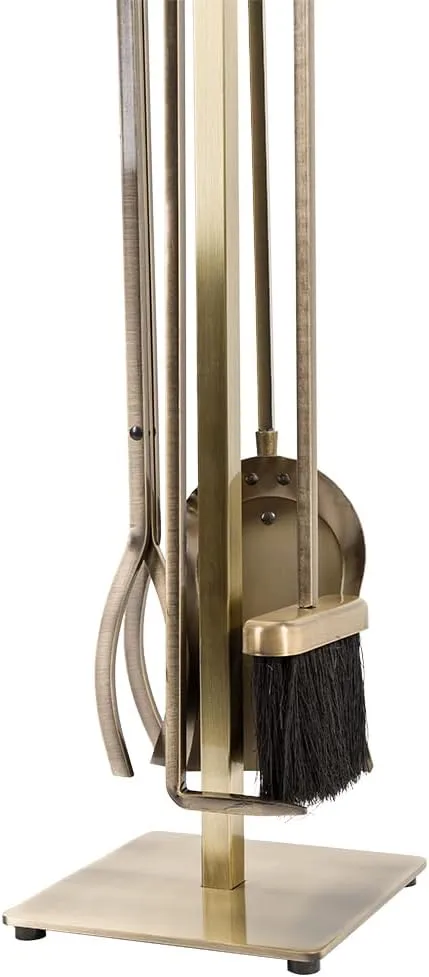 Modern Ember Harriet 5 Piece Fireplace Tool Set in Aged Brass | Includes Brush, Shovel, Fire Poker, Tongs, and Stand | Heavy-Duty Steel | Heat-Resistant Powder Coating Finish