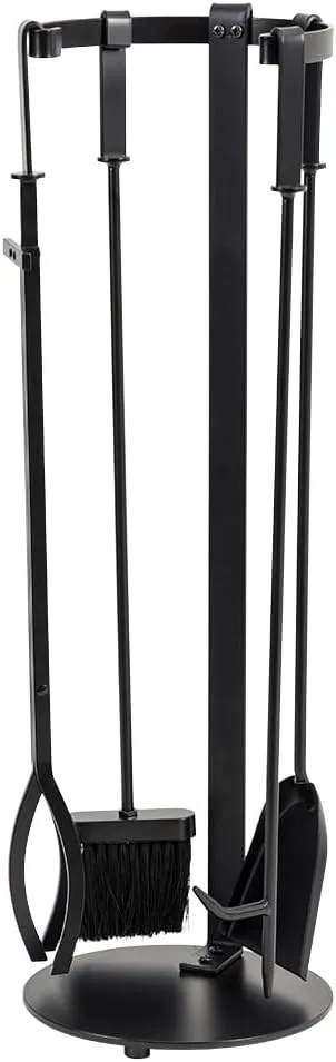 Modern Ember Knoll Fireplace Tool Set in Black - Includes Brush, Shovel, Fire Poker, Tongs, and Stand - Steel Construction