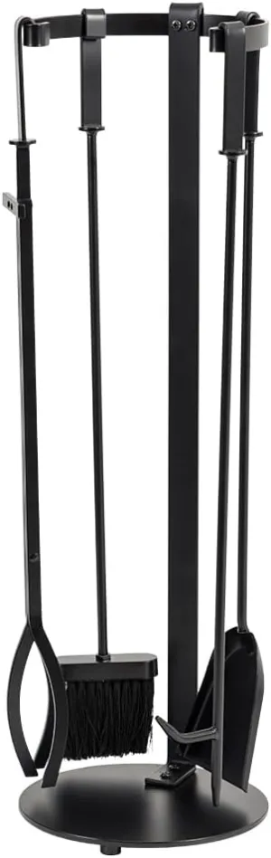 Modern Ember Knoll Fireplace Tool Set in Black - Includes Brush, Shovel, Fire Poker, Tongs, and Stand - Steel Construction