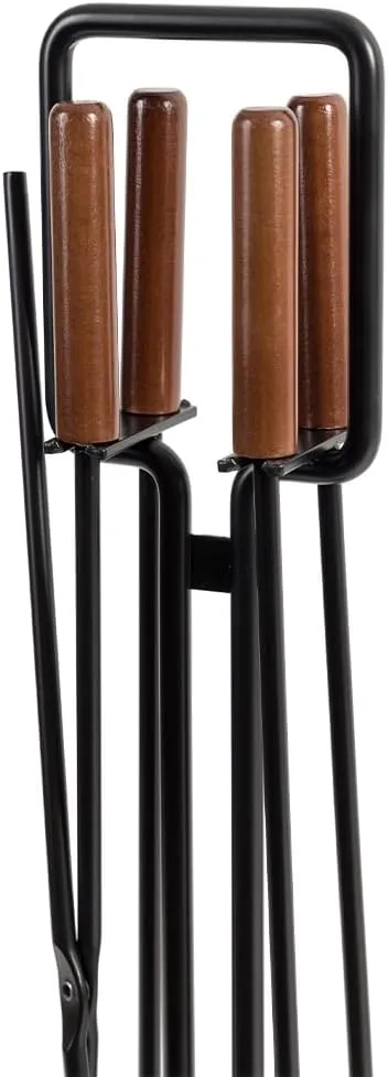 Modern Ember Levi 5 Piece Fireplace Tool Set in Black with Maple Wood Handles | Includes Brush, Shovel, Fire Poker, Tongs, and Stand | Heavy-Duty Steel | Heat-Resistant Powder Coating