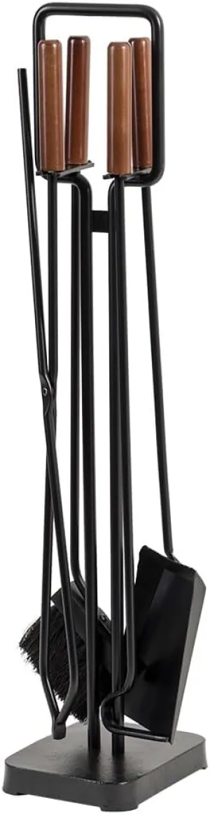 Modern Ember Levi 5 Piece Fireplace Tool Set in Black with Maple Wood Handles | Includes Brush, Shovel, Fire Poker, Tongs, and Stand | Heavy-Duty Steel | Heat-Resistant Powder Coating