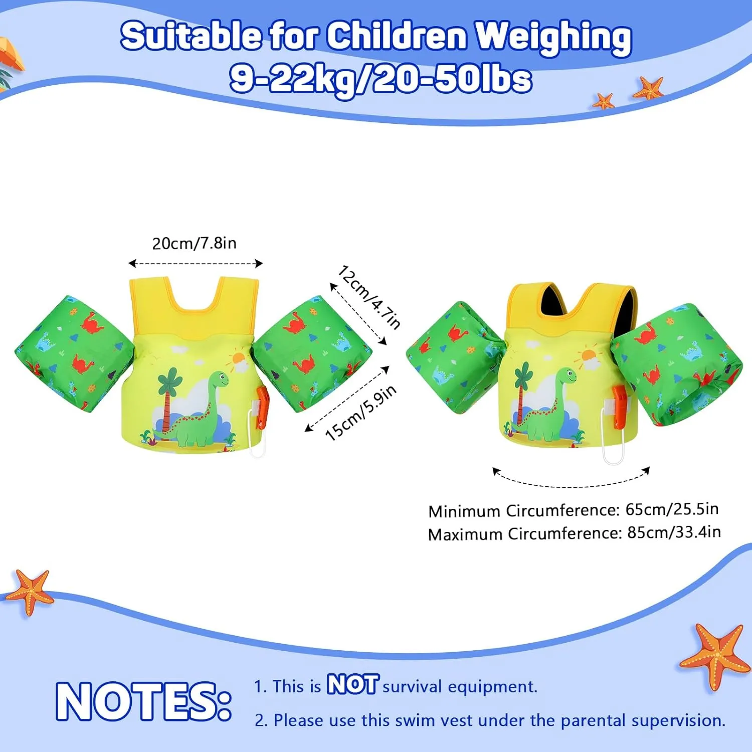 MoKo Toddler Swim Vest for Kids, Swim Arm Floaties 13-70lbs Cartoon Swimming Water Wings Pool Float Vests Sleeves Shoulder Straps Arm Band for Children Learn to Swim