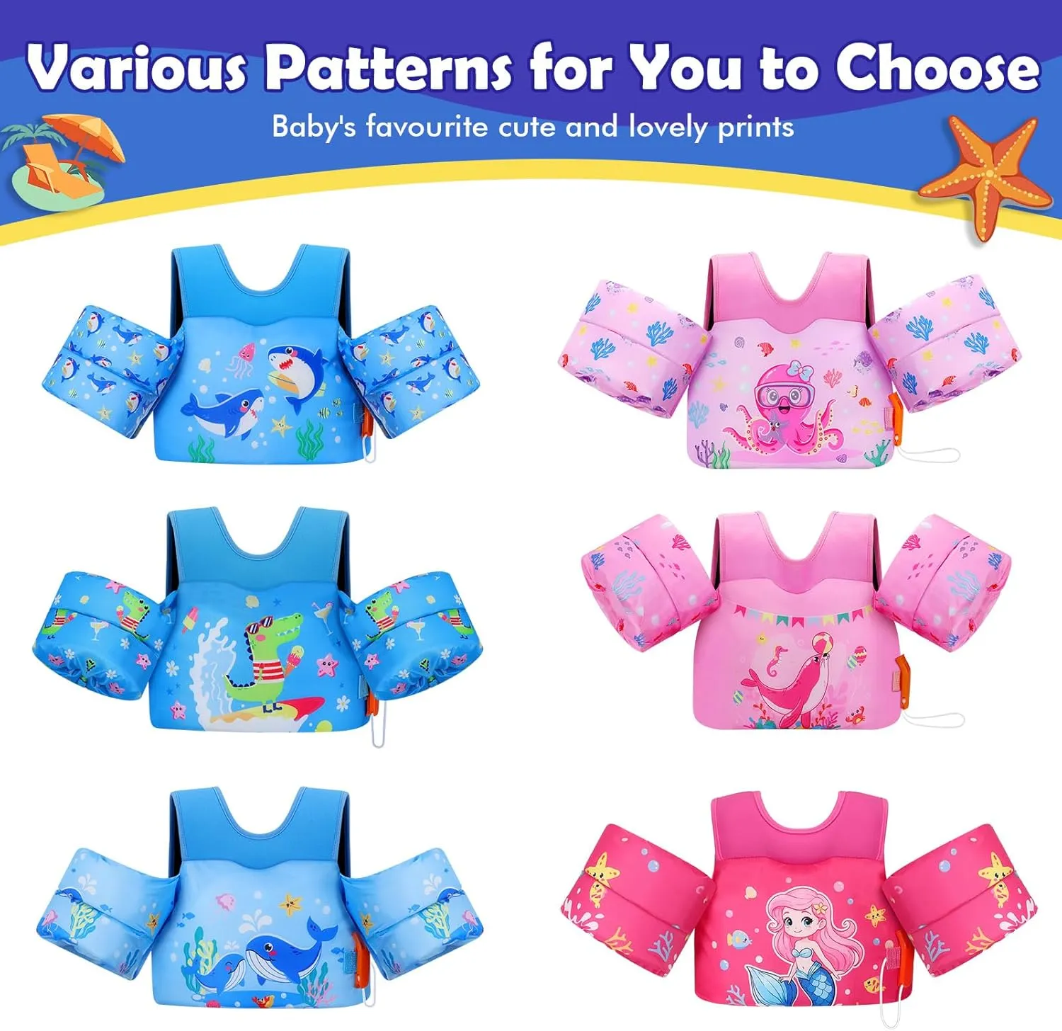 MoKo Toddler Swim Vest for Kids, Swim Arm Floaties 13-70lbs Cartoon Swimming Water Wings Pool Float Vests Sleeves Shoulder Straps Arm Band for Children Learn to Swim