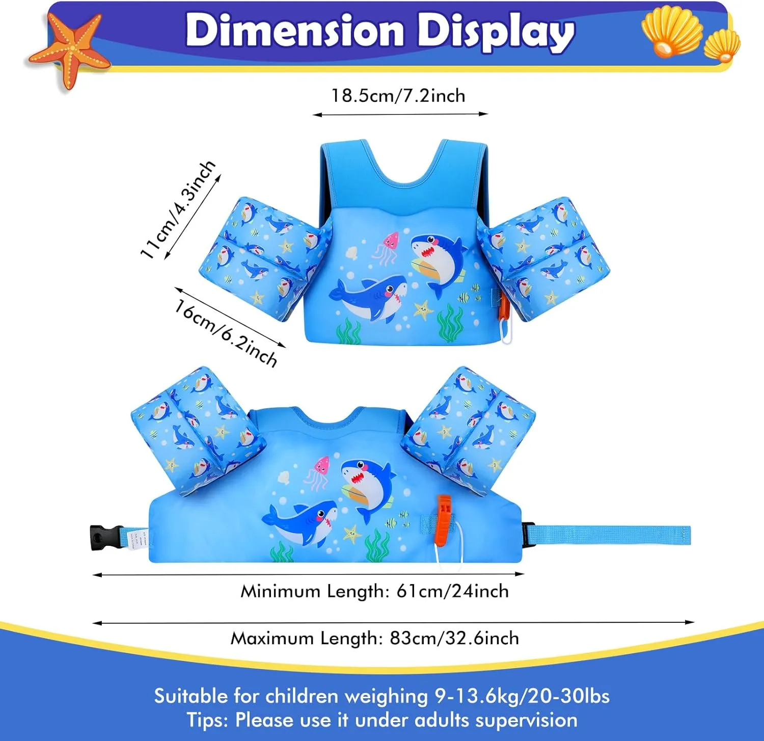 MoKo Toddler Swim Vest for Kids, Swim Arm Floaties 13-70lbs Cartoon Swimming Water Wings Pool Float Vests Sleeves Shoulder Straps Arm Band for Children Learn to Swim