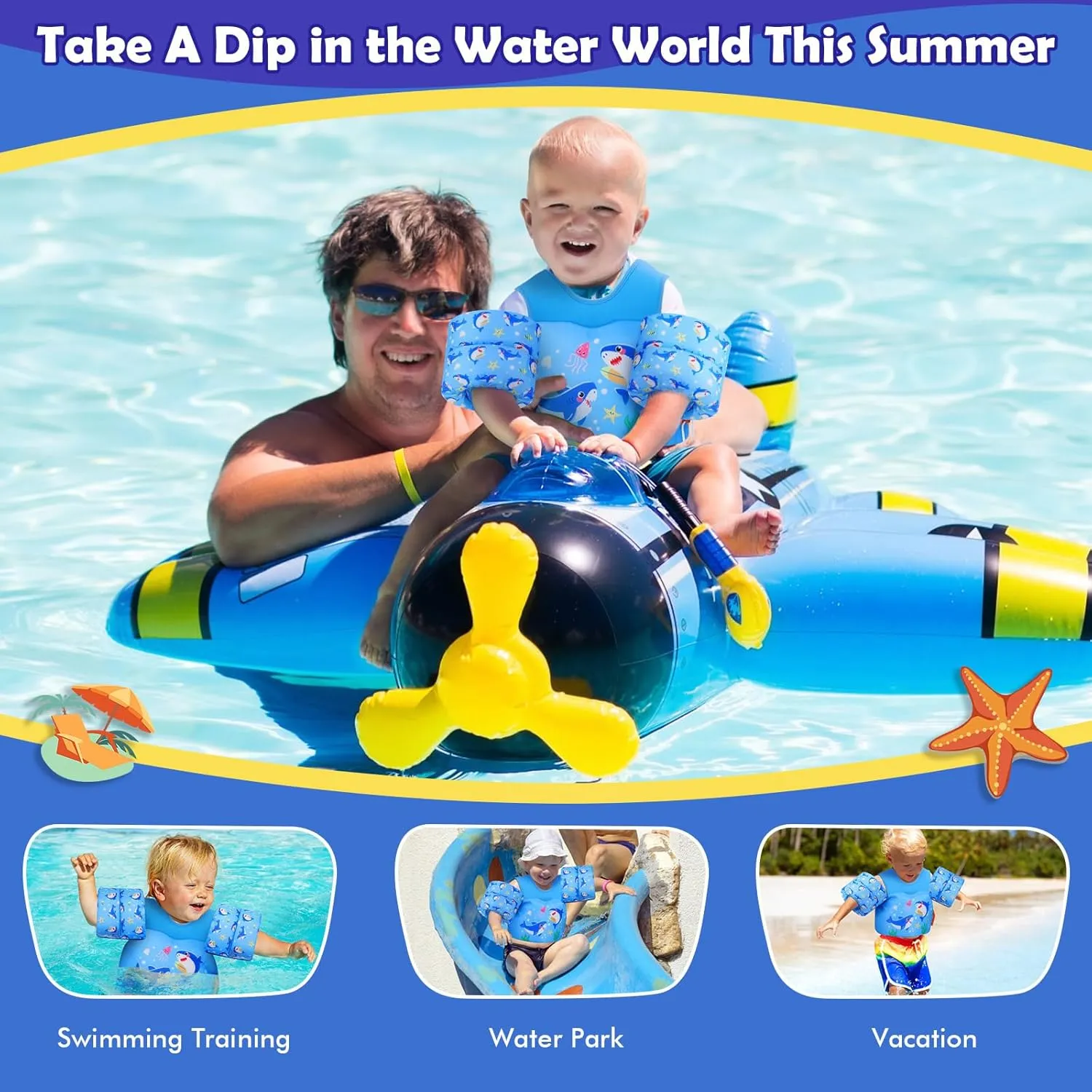 MoKo Toddler Swim Vest for Kids, Swim Arm Floaties 13-70lbs Cartoon Swimming Water Wings Pool Float Vests Sleeves Shoulder Straps Arm Band for Children Learn to Swim