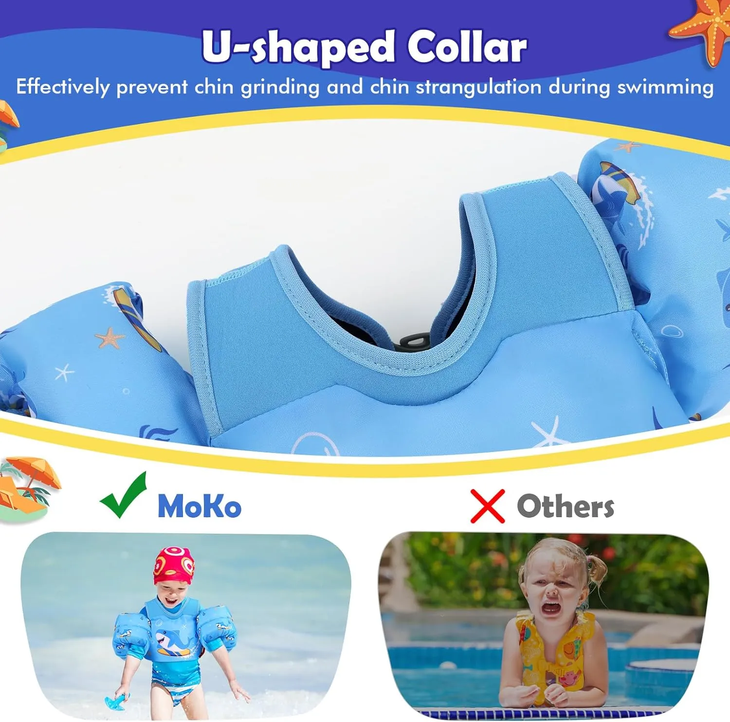 MoKo Toddler Swim Vest for Kids, Swim Arm Floaties 13-70lbs Cartoon Swimming Water Wings Pool Float Vests Sleeves Shoulder Straps Arm Band for Children Learn to Swim