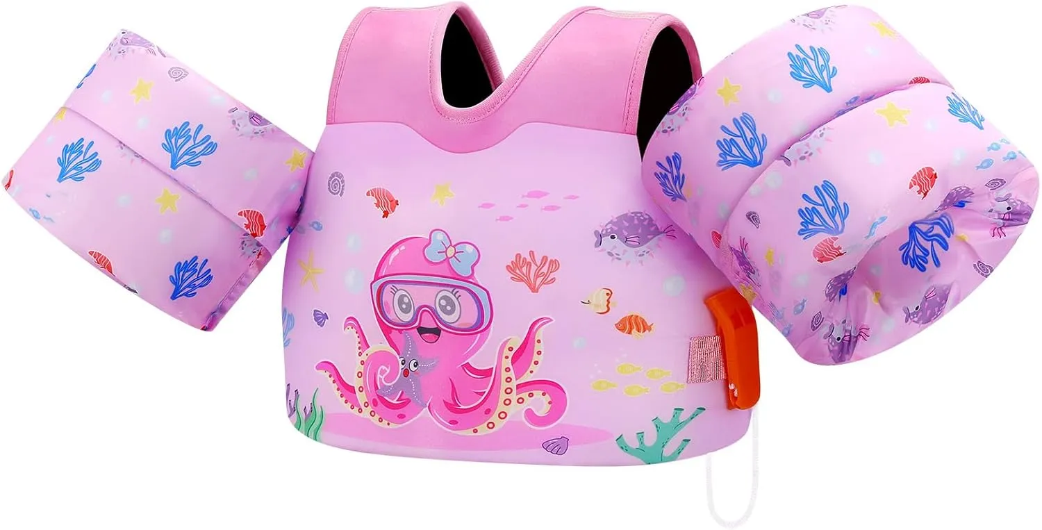 MoKo Toddler Swim Vest for Kids, Swim Arm Floaties 13-70lbs Cartoon Swimming Water Wings Pool Float Vests Sleeves Shoulder Straps Arm Band for Children Learn to Swim