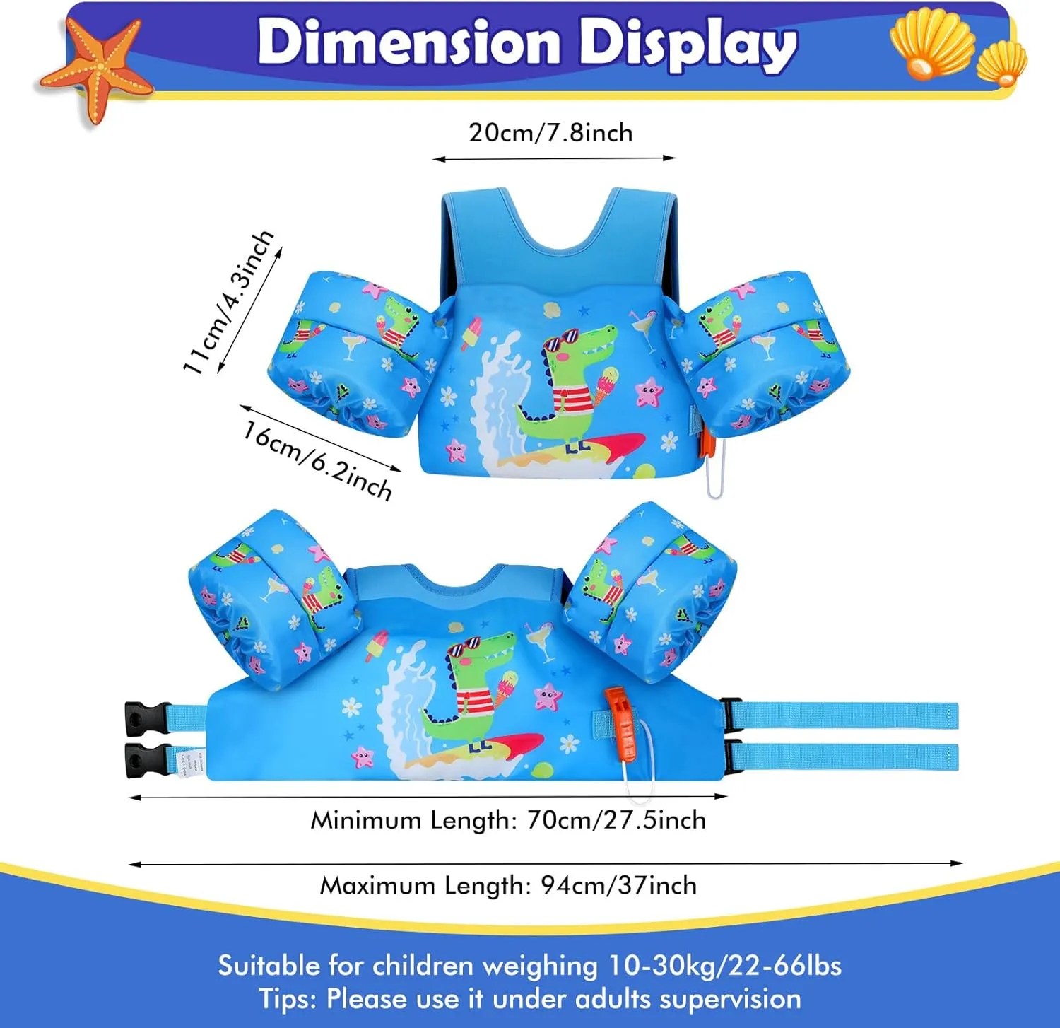 MoKo Toddler Swim Vest for Kids, Swim Arm Floaties 13-70lbs Cartoon Swimming Water Wings Pool Float Vests Sleeves Shoulder Straps Arm Band for Children Learn to Swim