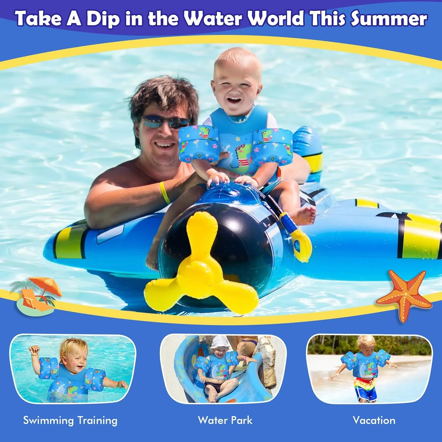 MoKo Toddler Swim Vest for Kids, Swim Arm Floaties 13-70lbs Cartoon Swimming Water Wings Pool Float Vests Sleeves Shoulder Straps Arm Band for Children Learn to Swim