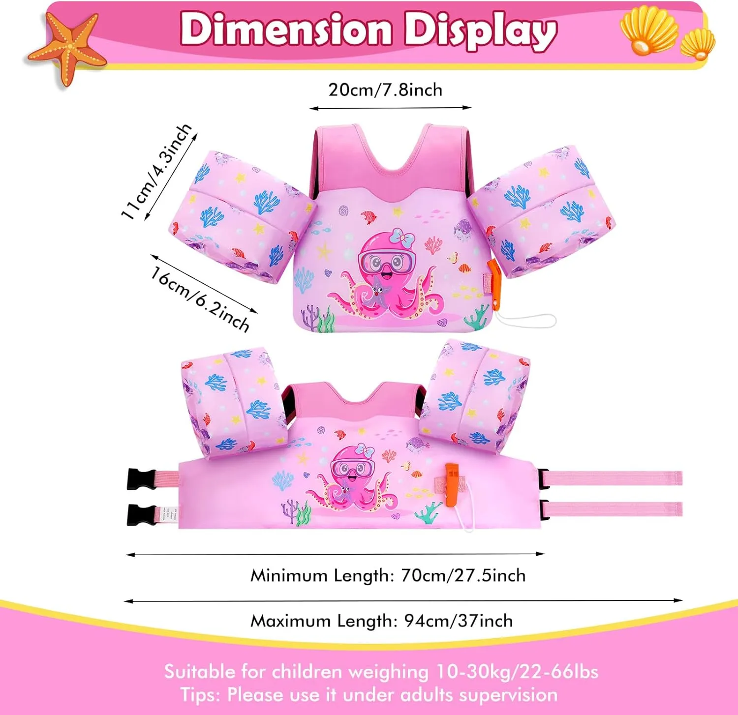 MoKo Toddler Swim Vest for Kids, Swim Arm Floaties 13-70lbs Cartoon Swimming Water Wings Pool Float Vests Sleeves Shoulder Straps Arm Band for Children Learn to Swim