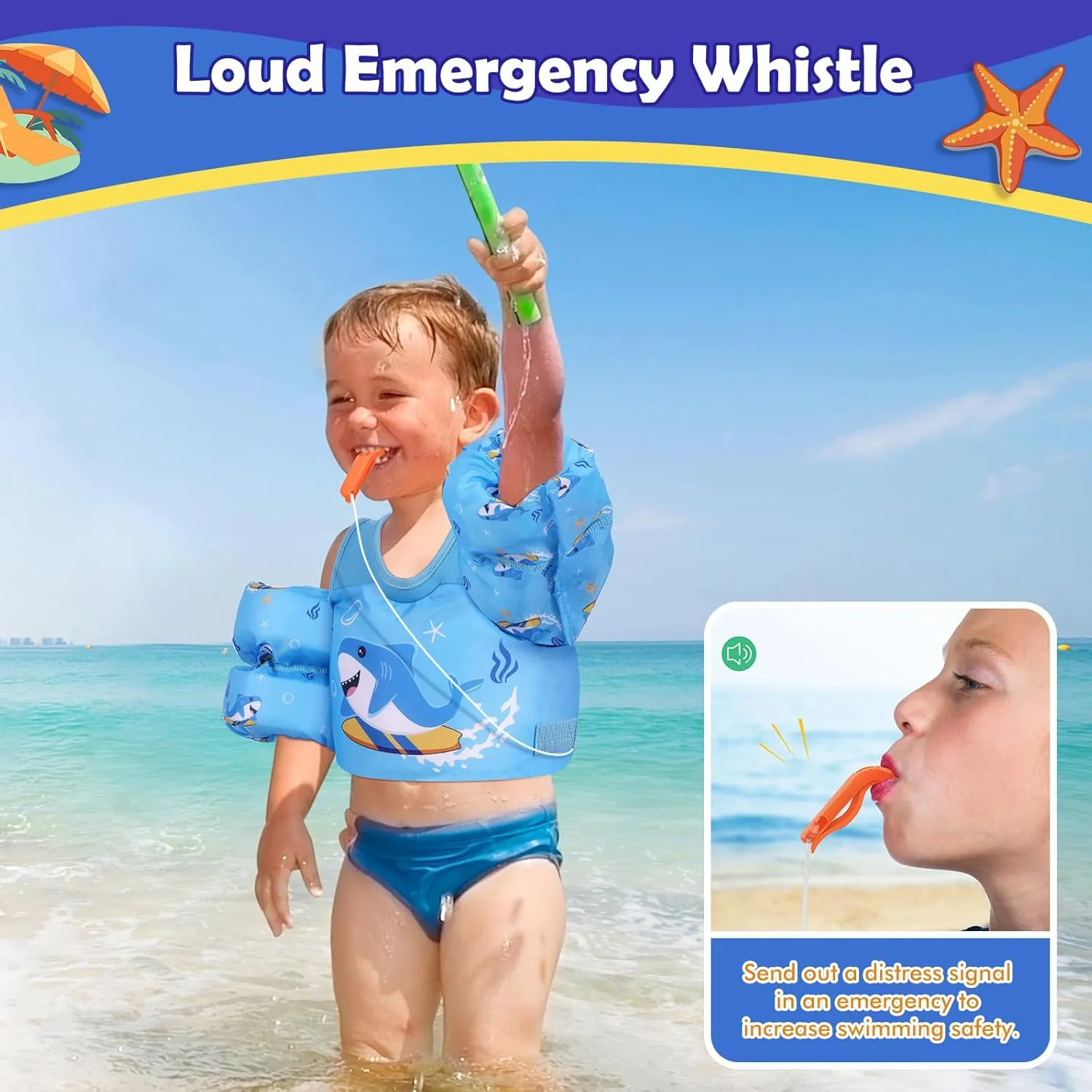 MoKo Toddler Swim Vest for Kids, Swim Arm Floaties 13-70lbs Cartoon Swimming Water Wings Pool Float Vests Sleeves Shoulder Straps Arm Band for Children Learn to Swim