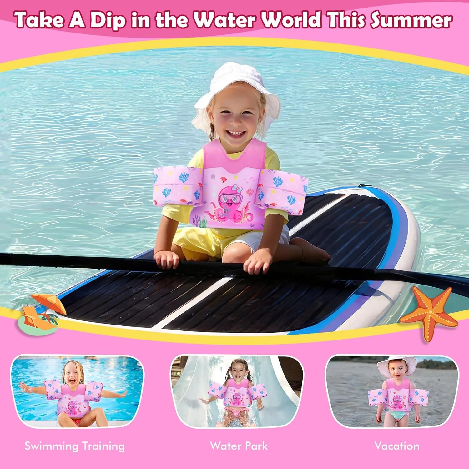 MoKo Toddler Swim Vest for Kids, Swim Arm Floaties 13-70lbs Cartoon Swimming Water Wings Pool Float Vests Sleeves Shoulder Straps Arm Band for Children Learn to Swim