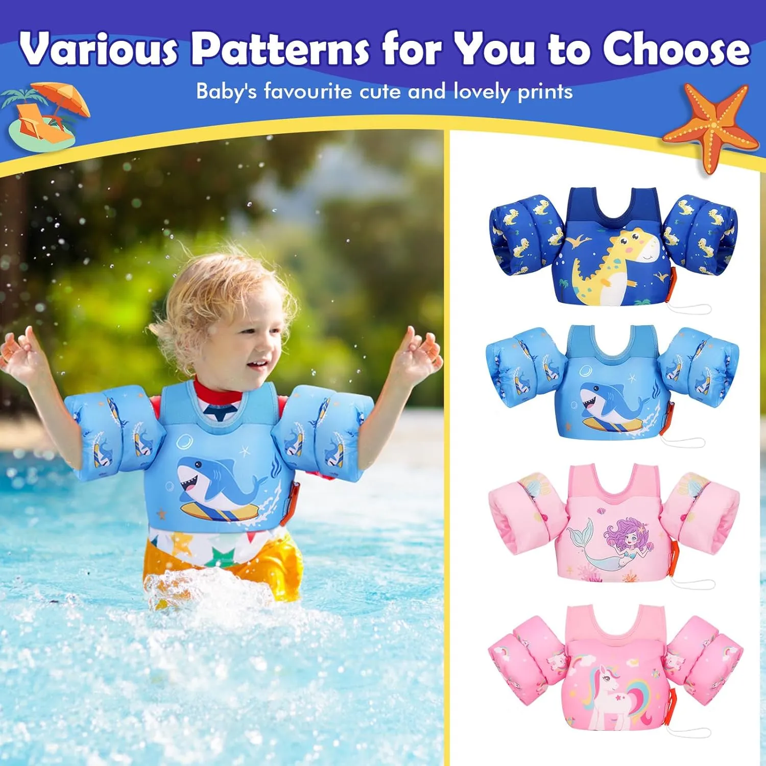 MoKo Toddler Swim Vest for Kids, Swim Arm Floaties 13-70lbs Cartoon Swimming Water Wings Pool Float Vests Sleeves Shoulder Straps Arm Band for Children Learn to Swim