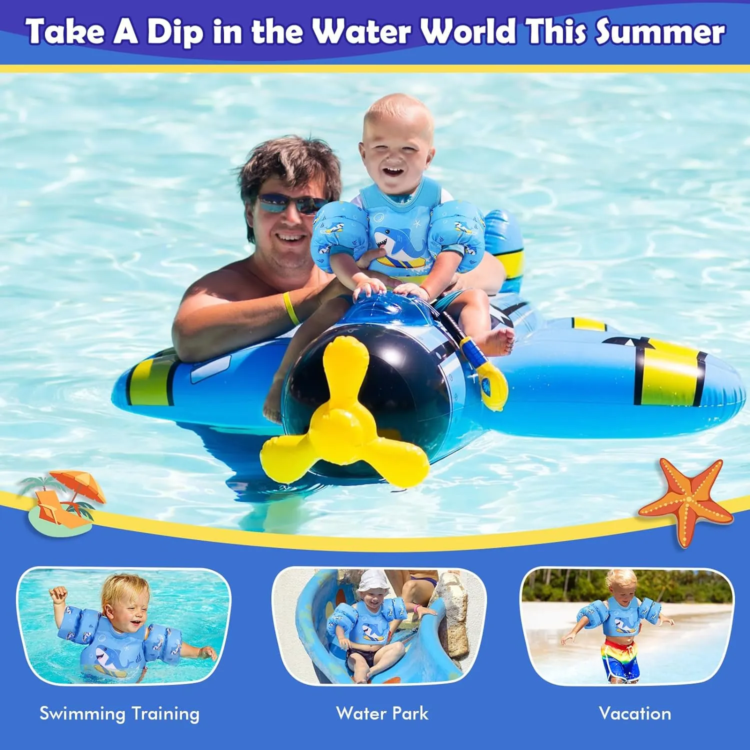MoKo Toddler Swim Vest for Kids, Swim Arm Floaties 13-70lbs Cartoon Swimming Water Wings Pool Float Vests Sleeves Shoulder Straps Arm Band for Children Learn to Swim