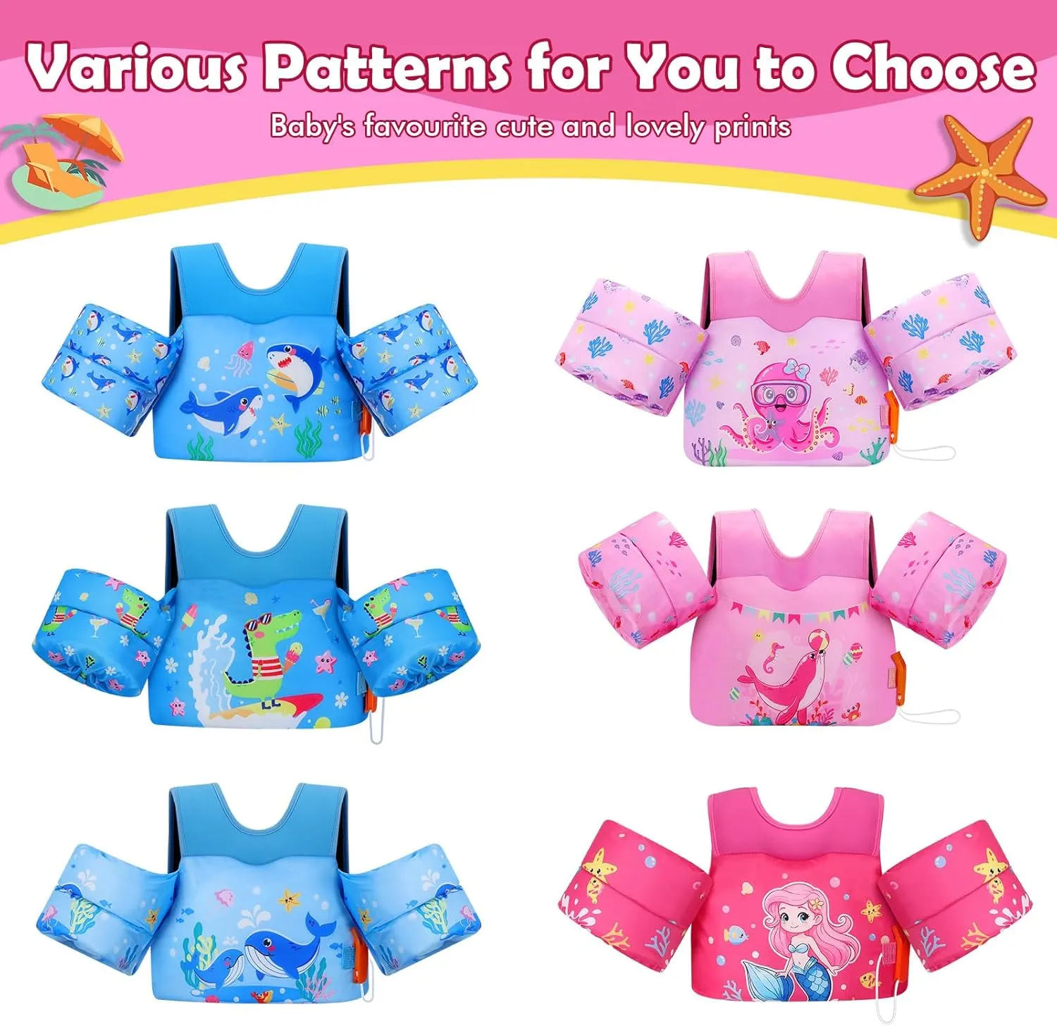 MoKo Toddler Swim Vest for Kids, Swim Arm Floaties 13-70lbs Cartoon Swimming Water Wings Pool Float Vests Sleeves Shoulder Straps Arm Band for Children Learn to Swim