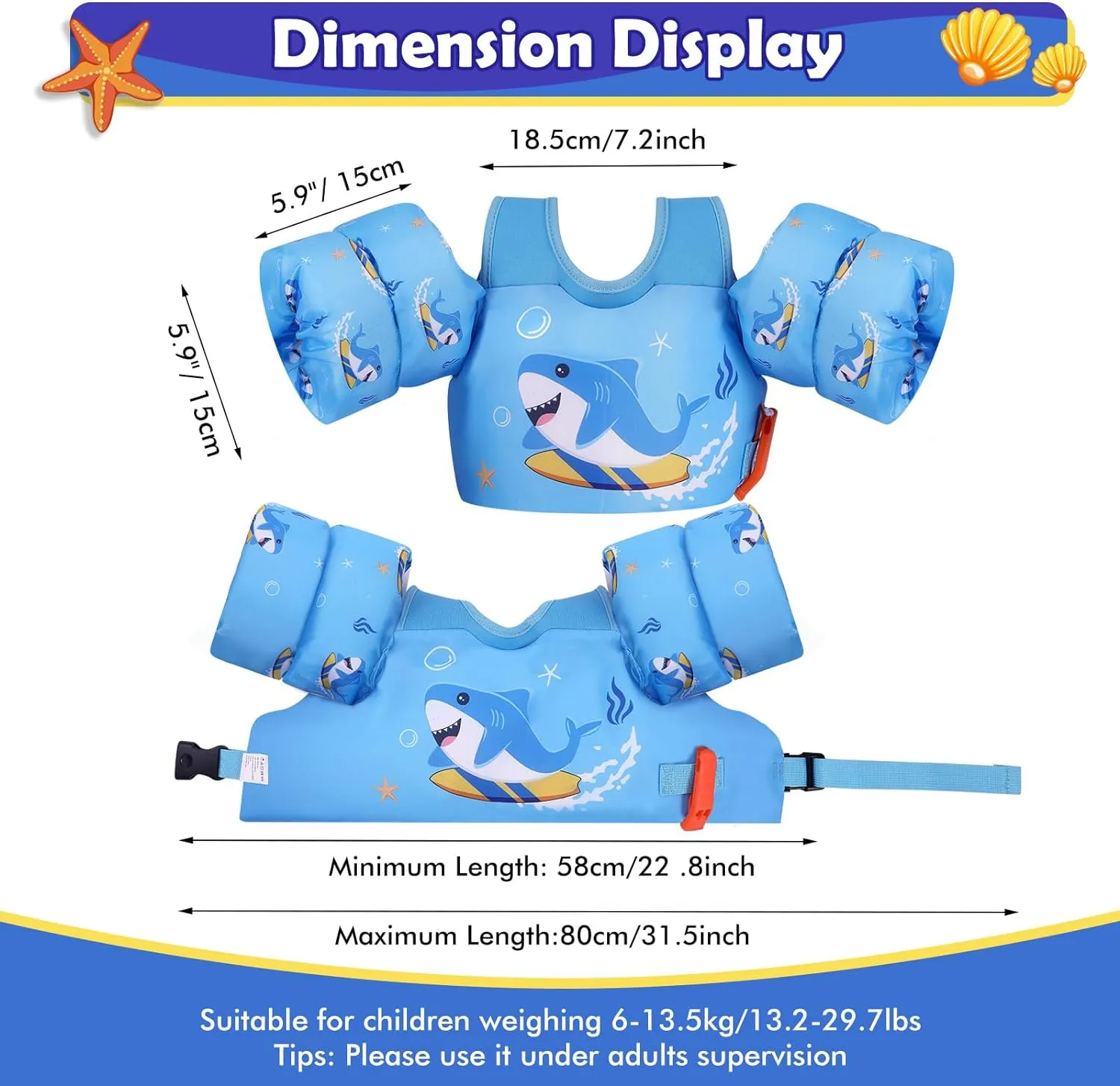 MoKo Toddler Swim Vest for Kids, Swim Arm Floaties 13-70lbs Cartoon Swimming Water Wings Pool Float Vests Sleeves Shoulder Straps Arm Band for Children Learn to Swim