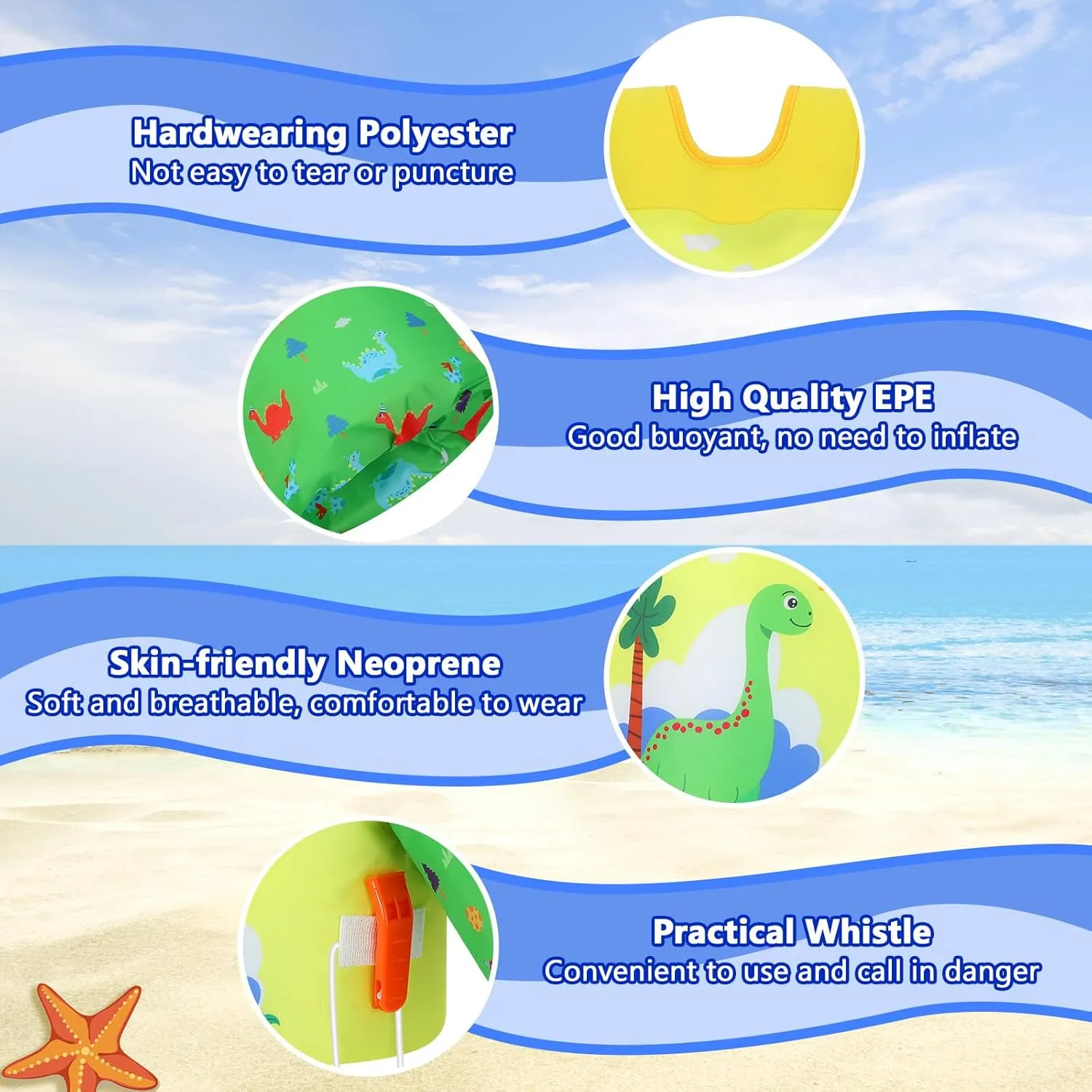 MoKo Toddler Swim Vest for Kids, Swim Arm Floaties 13-70lbs Cartoon Swimming Water Wings Pool Float Vests Sleeves Shoulder Straps Arm Band for Children Learn to Swim