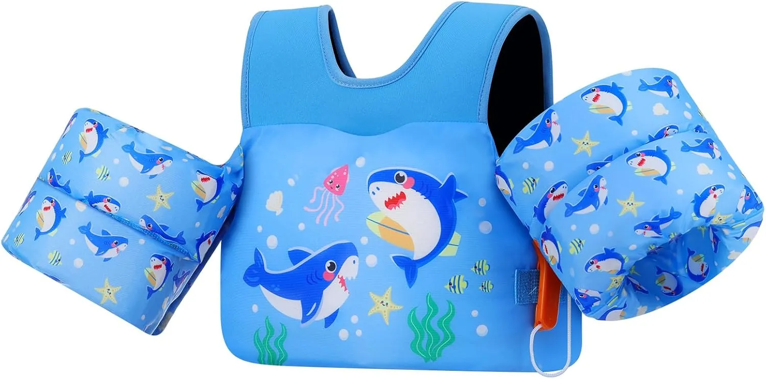 MoKo Toddler Swim Vest for Kids, Swim Arm Floaties 13-70lbs Cartoon Swimming Water Wings Pool Float Vests Sleeves Shoulder Straps Arm Band for Children Learn to Swim