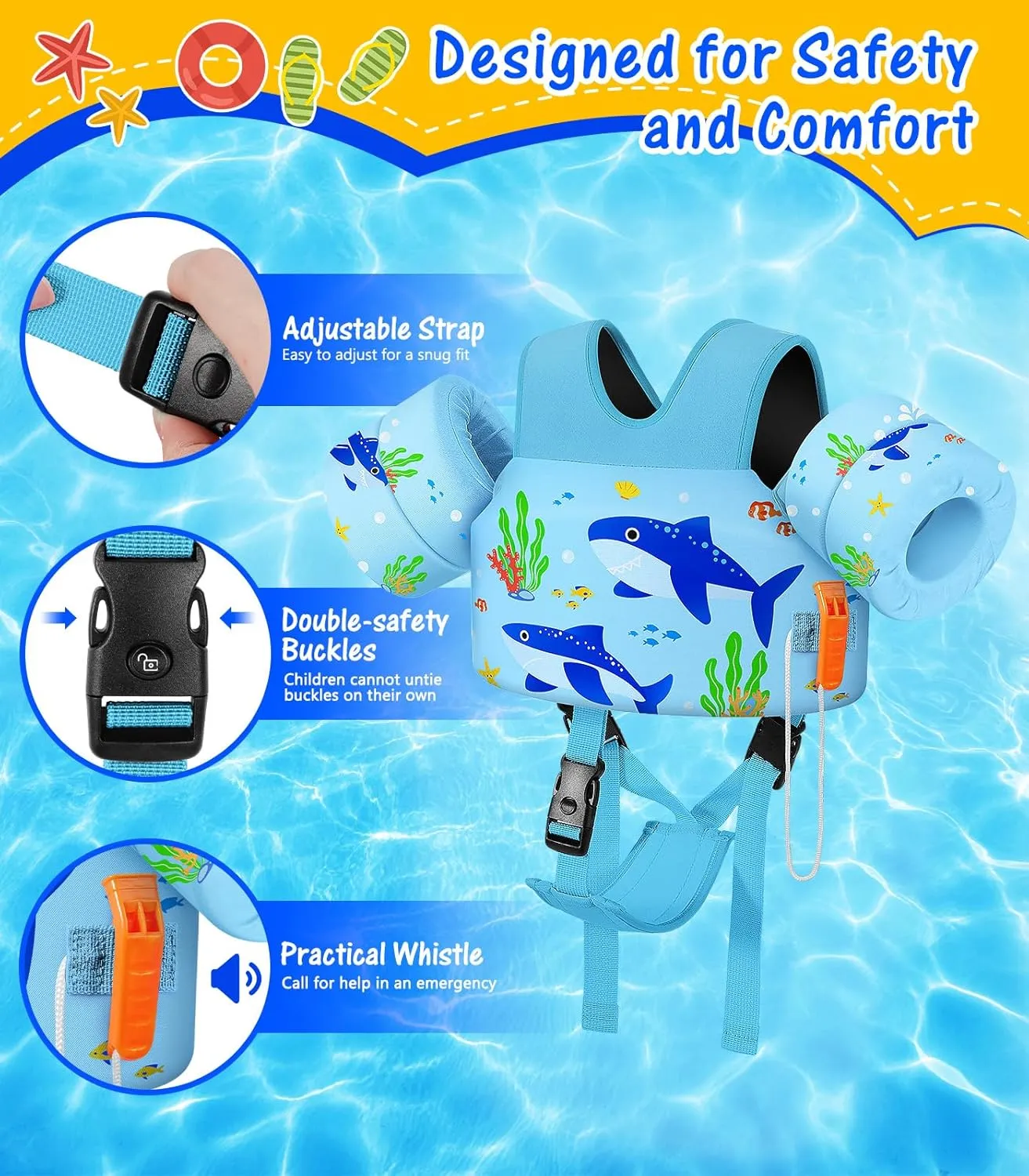 MoKo Toddler Swim Vest for Kids, Swim Arm Floaties Cartoon Swimming Water Wings with Crotch Strap, Pool Float Vests Sleeves Shoulder Straps Arm Band for Children