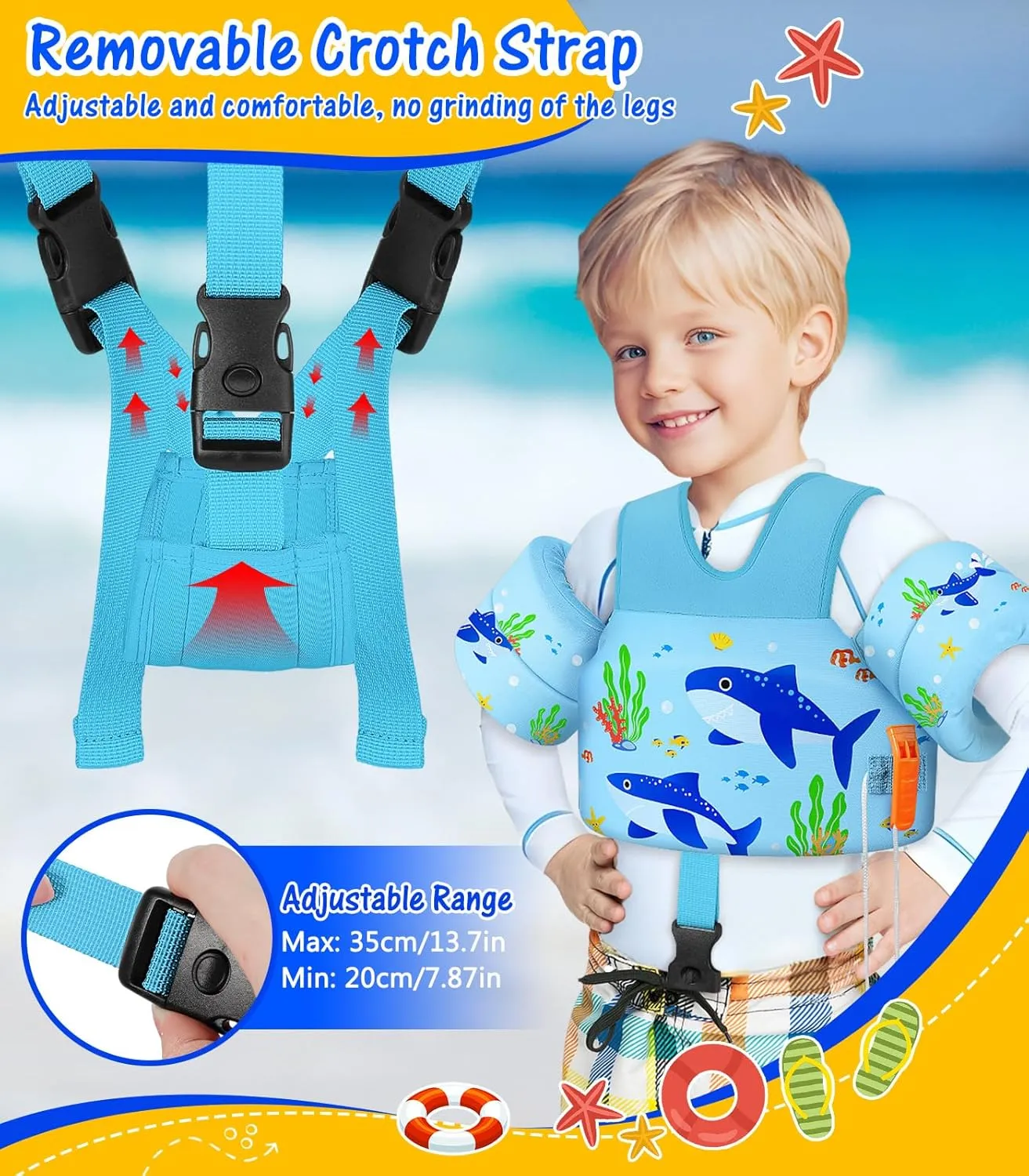 MoKo Toddler Swim Vest for Kids, Swim Arm Floaties Cartoon Swimming Water Wings with Crotch Strap, Pool Float Vests Sleeves Shoulder Straps Arm Band for Children