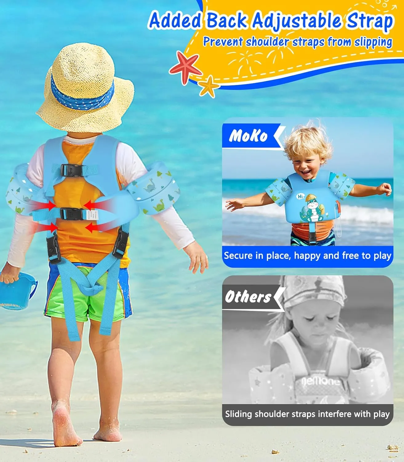 MoKo Toddler Swim Vest for Kids, Swim Arm Floaties Cartoon Swimming Water Wings with Crotch Strap, Pool Float Vests Sleeves Shoulder Straps Arm Band for Children