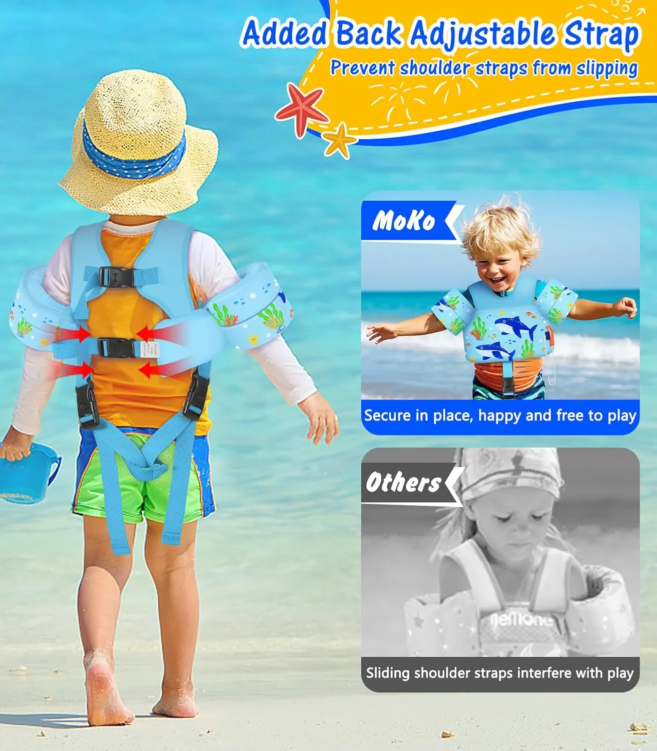 MoKo Toddler Swim Vest for Kids, Swim Arm Floaties Cartoon Swimming Water Wings with Crotch Strap, Pool Float Vests Sleeves Shoulder Straps Arm Band for Children
