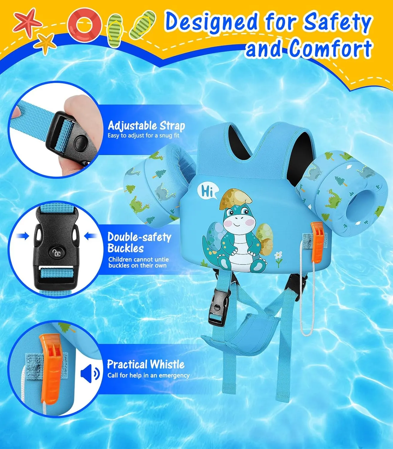 MoKo Toddler Swim Vest for Kids, Swim Arm Floaties Cartoon Swimming Water Wings with Crotch Strap, Pool Float Vests Sleeves Shoulder Straps Arm Band for Children