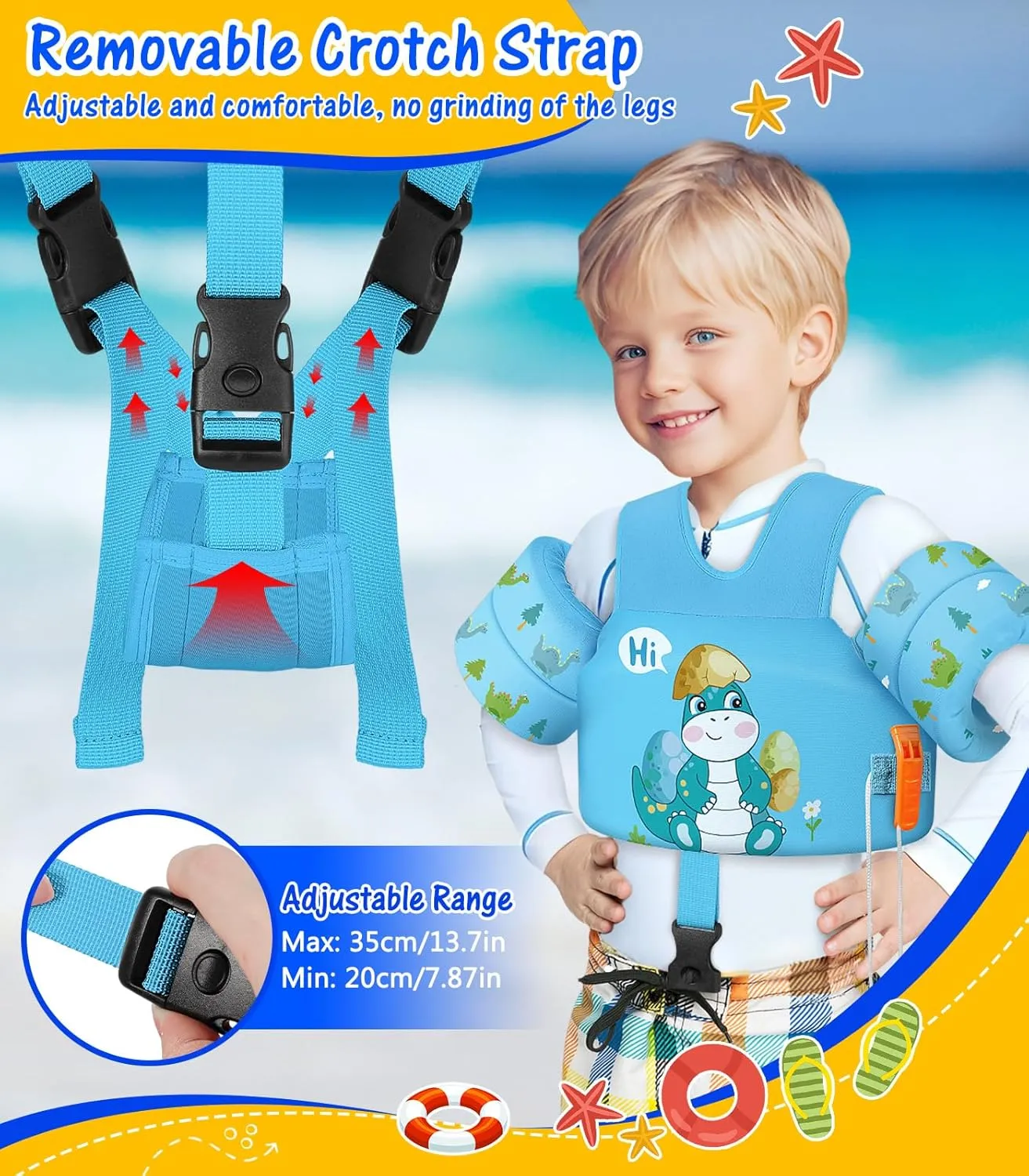 MoKo Toddler Swim Vest for Kids, Swim Arm Floaties Cartoon Swimming Water Wings with Crotch Strap, Pool Float Vests Sleeves Shoulder Straps Arm Band for Children