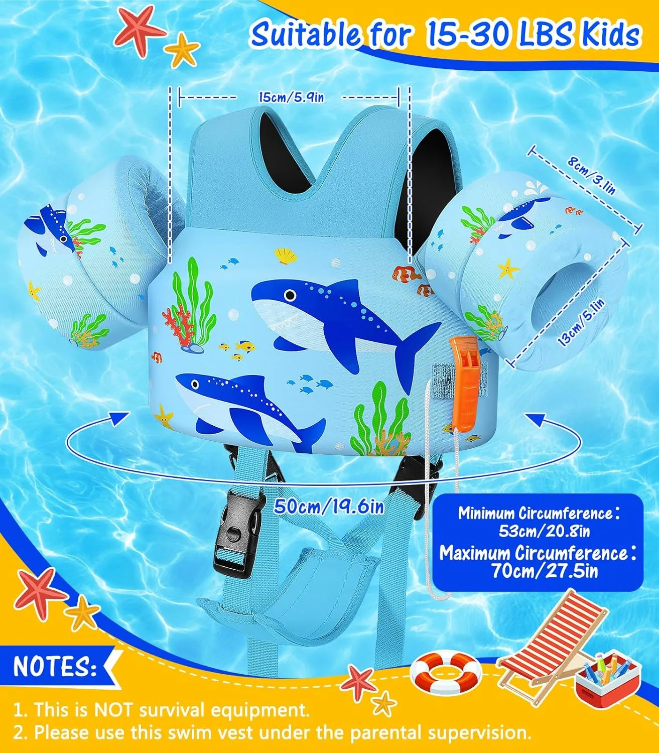 MoKo Toddler Swim Vest for Kids, Swim Arm Floaties Cartoon Swimming Water Wings with Crotch Strap, Pool Float Vests Sleeves Shoulder Straps Arm Band for Children