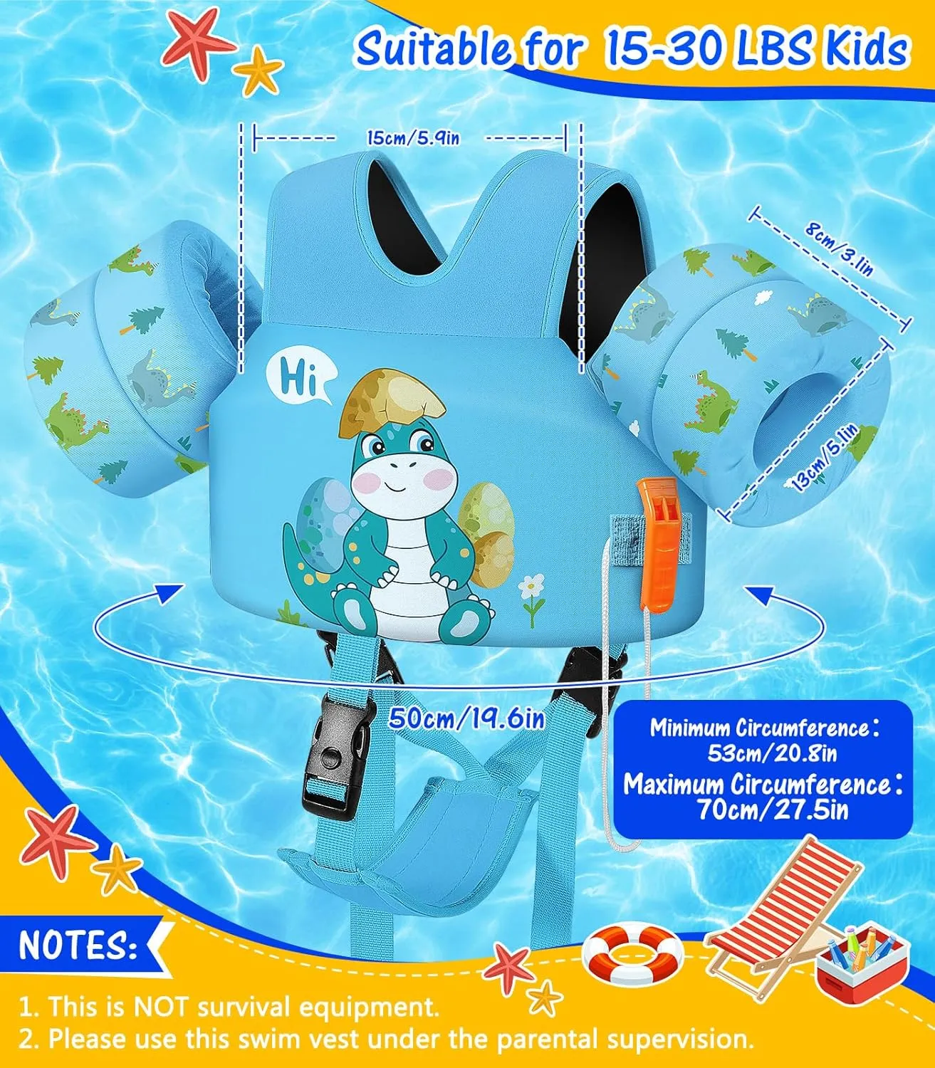 MoKo Toddler Swim Vest for Kids, Swim Arm Floaties Cartoon Swimming Water Wings with Crotch Strap, Pool Float Vests Sleeves Shoulder Straps Arm Band for Children