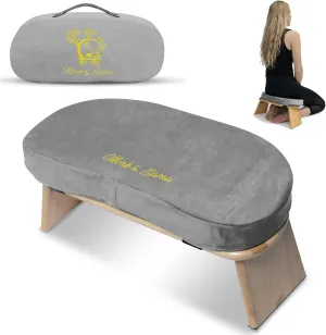 Monk & Llama Meditation Bench - Kneeling Bamboo Bench with Foldable Legs & Cushion — Kneeling Stool Ergonomic Bamboo Yoga Bench for Extended Practice - Includes Carrying Bag (Grey (Velvet))
