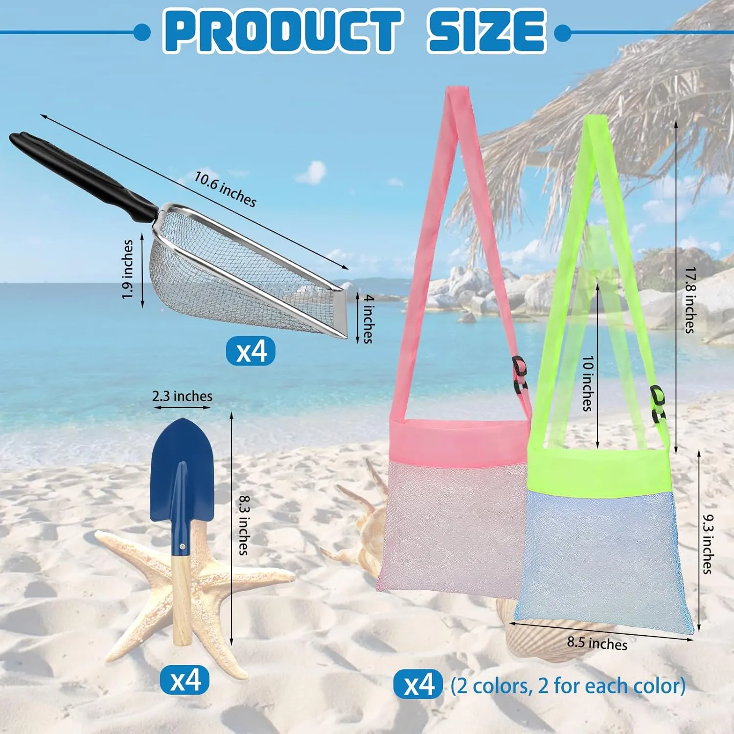 Mototo 12 Pack Beach Sand Toys Set with 4 Mesh Shovel 4 Mesh Seashell Bag 4x Small Shovel Sand Scooper Shark Tooth Sifter Dipper Seashell Collecting Bag Beach Toy Tool Kit For Shell Collecting Outdoor