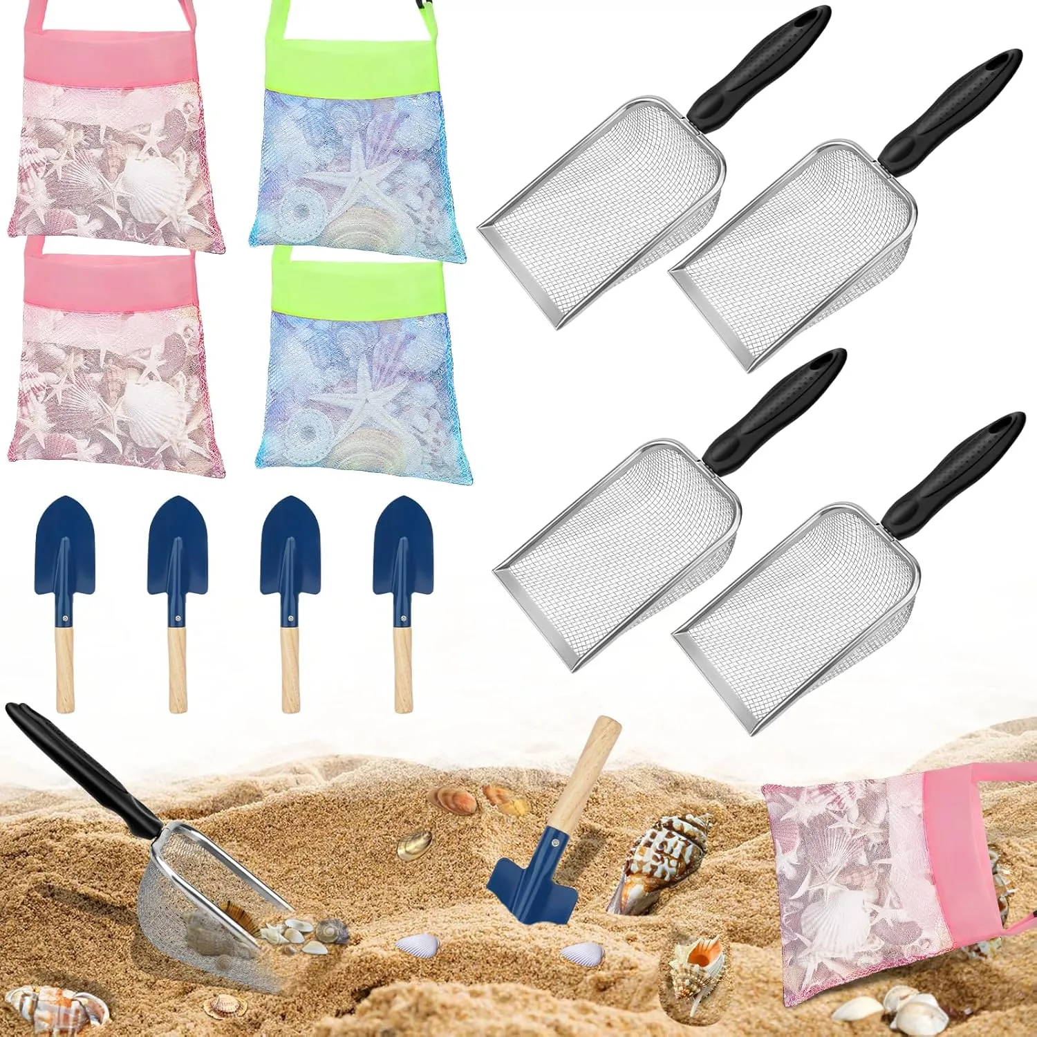 Mototo 12 Pack Beach Sand Toys Set with 4 Mesh Shovel 4 Mesh Seashell Bag 4x Small Shovel Sand Scooper Shark Tooth Sifter Dipper Seashell Collecting Bag Beach Toy Tool Kit For Shell Collecting Outdoor
