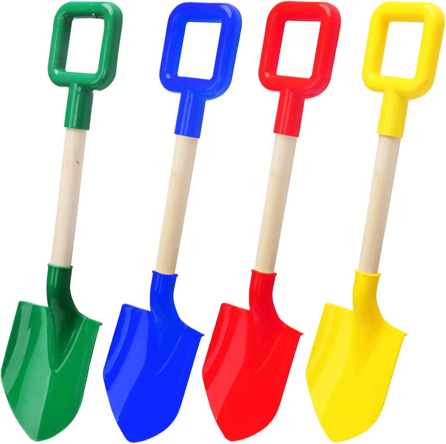 Mototo 4 Pack Beach Shovels, 16'' Plastic Beach Sand Toys Spade Scoop Gardening Tools Kit Sandbox Wooden Handle Spades for Kids Adults Garden Outdoor Snow Backyard Sand Summer (4 Pack, Bright Series)