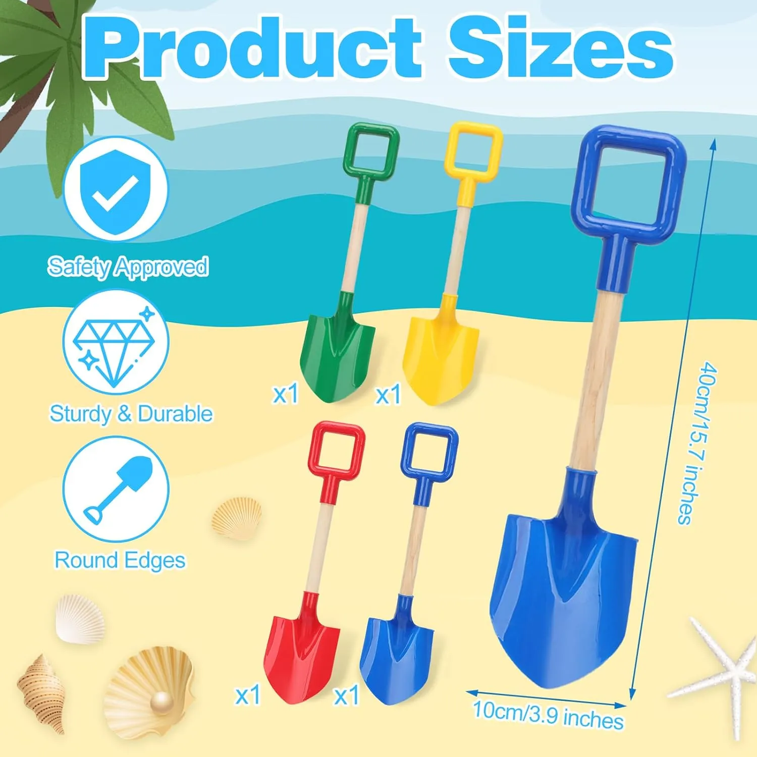 Mototo 4 Pack Beach Shovels, 16'' Plastic Beach Sand Toys Spade Scoop Gardening Tools Kit Sandbox Wooden Handle Spades for Kids Adults Garden Outdoor Snow Backyard Sand Summer (4 Pack, Bright Series)
