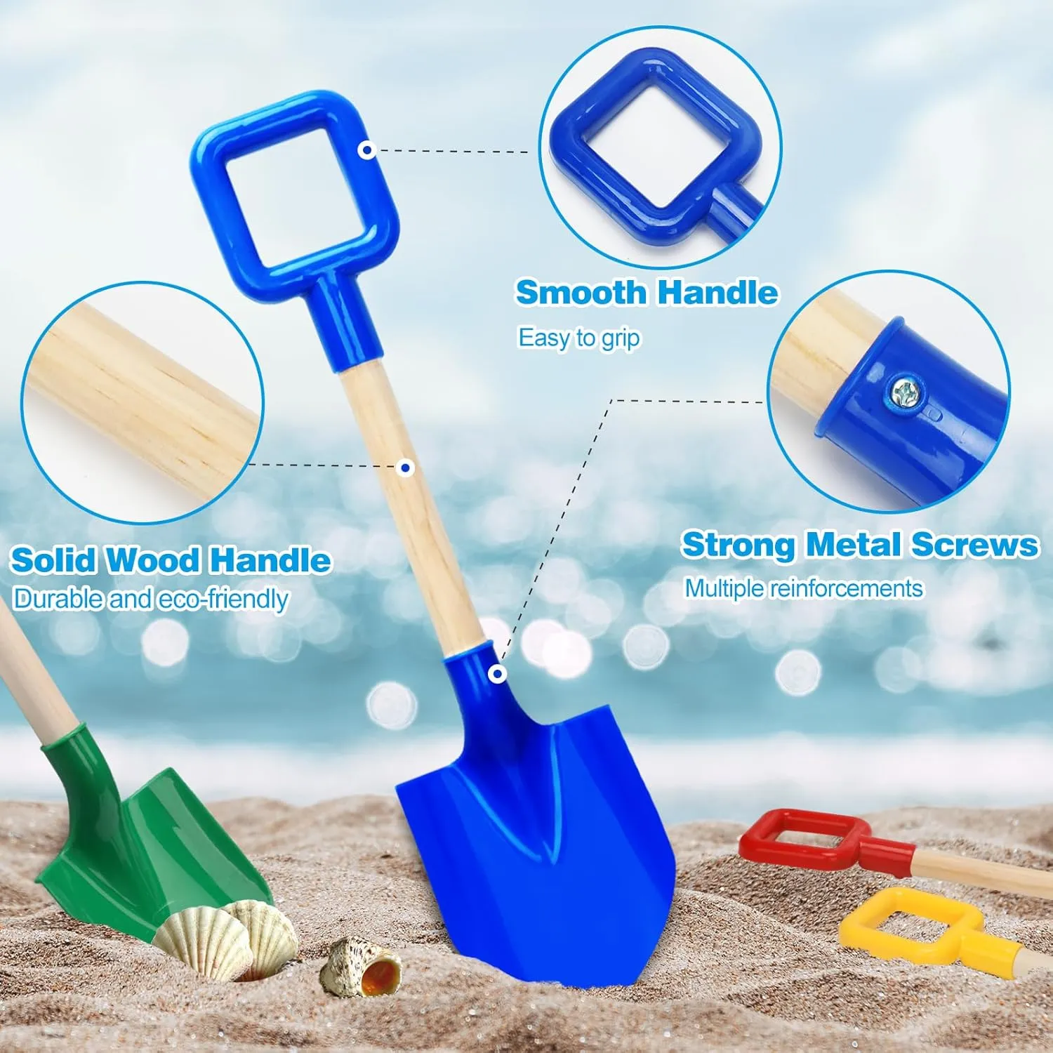 Mototo 4 Pack Beach Shovels, 16'' Plastic Beach Sand Toys Spade Scoop Gardening Tools Kit Sandbox Wooden Handle Spades for Kids Adults Garden Outdoor Snow Backyard Sand Summer (4 Pack, Bright Series)