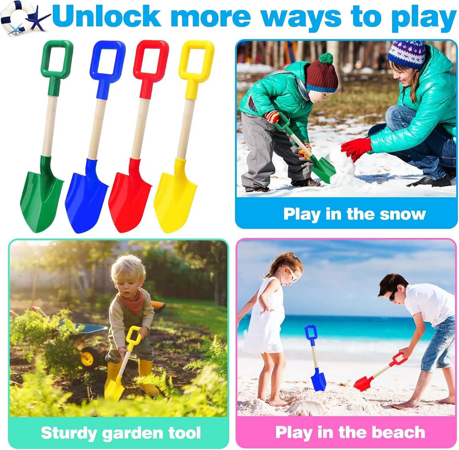 Mototo 4 Pack Beach Shovels, 16'' Plastic Beach Sand Toys Spade Scoop Gardening Tools Kit Sandbox Wooden Handle Spades for Kids Adults Garden Outdoor Snow Backyard Sand Summer (4 Pack, Bright Series)