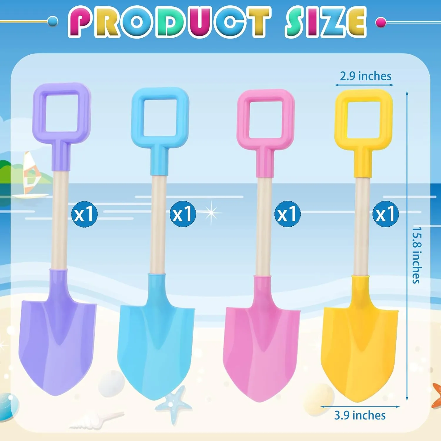 Mototo 4 Pieces 16 Inch Beach Shovels Large Beach Spades Multicolor Sand Shovels with Wooden Handle Plastic Shovel for Digging Beach Sandbox Snow Garden Toys Set for Kids Adults (4 Pack, Light Series)