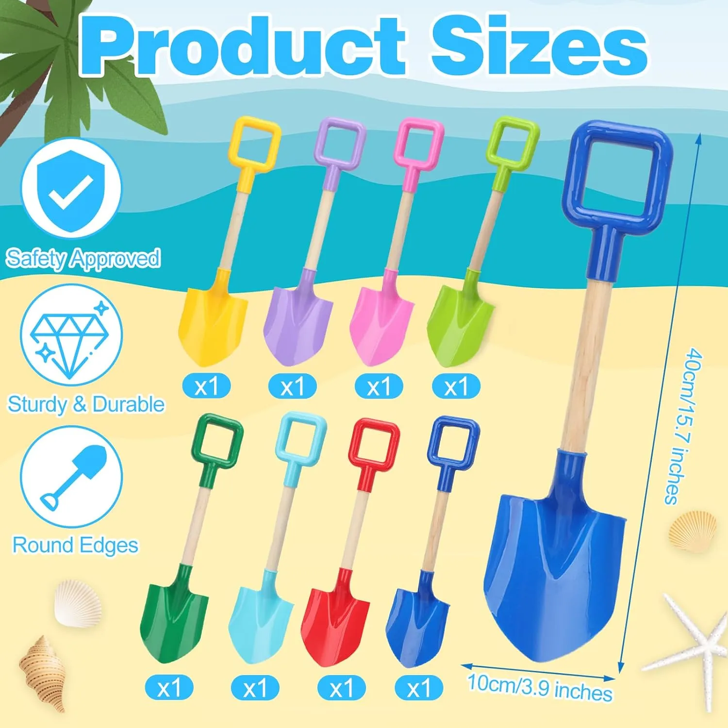 Mototo 8 Pack Beach Shovels, 16'' Plastic Beach Sand Toys Spade Scoop Gardening Tools Kit Sandbox Wooden Handle Spades for Kids Adults Garden Outdoor Snow Backyard Sand Summer
