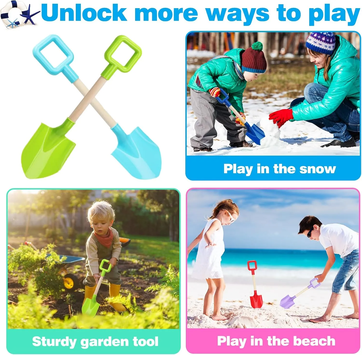 Mototo 8 Pack Beach Shovels, 16'' Plastic Beach Sand Toys Spade Scoop Gardening Tools Kit Sandbox Wooden Handle Spades for Kids Adults Garden Outdoor Snow Backyard Sand Summer