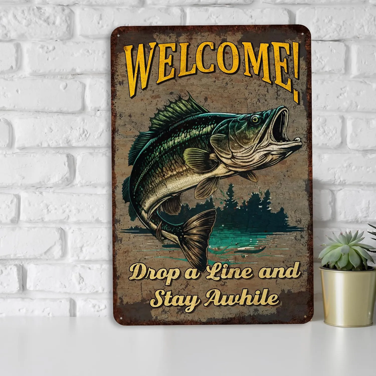 Mountain Fishing Welcome Sign Cabin Lake House Art Bass Trout Weatherproof Accessories 108122001111