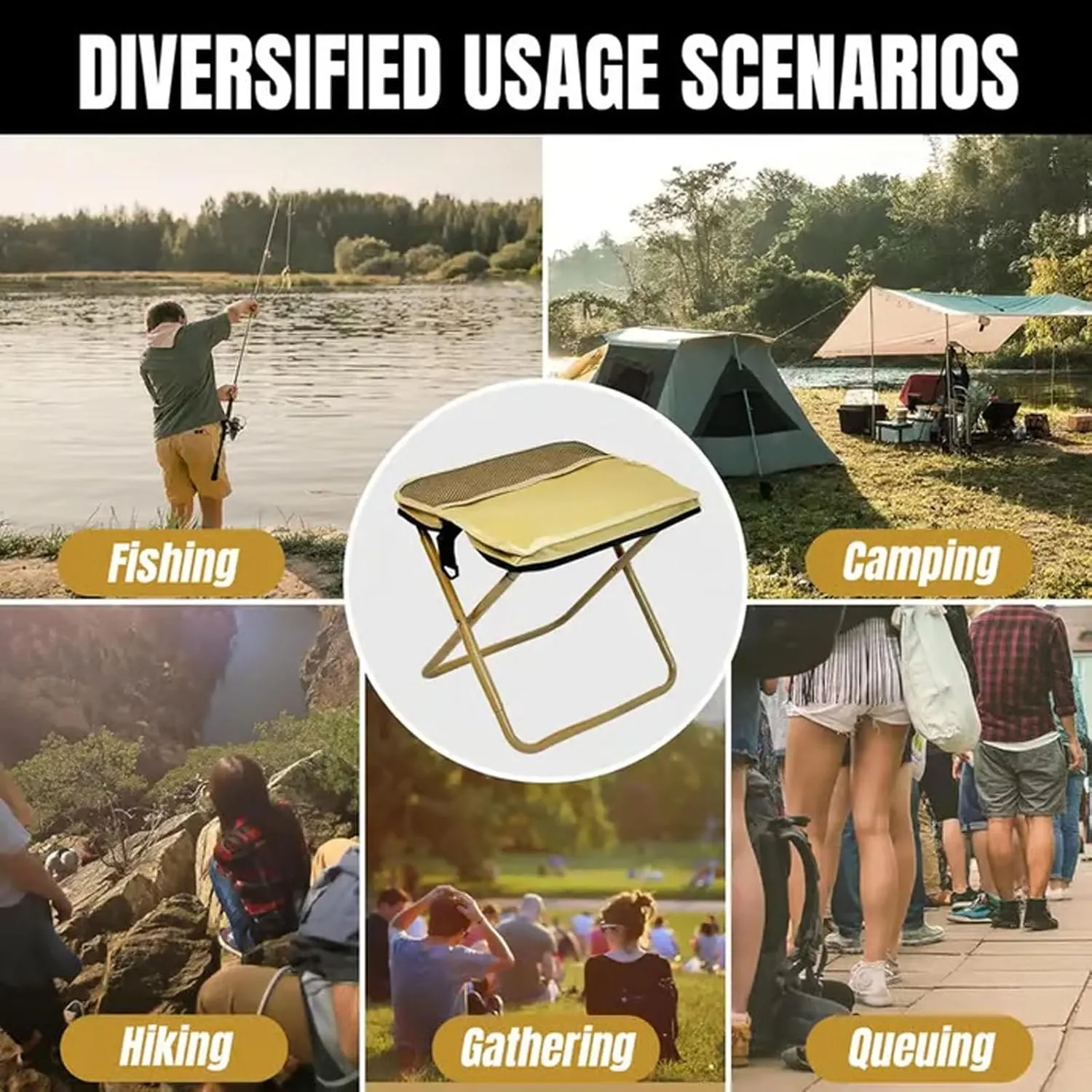 Mountaineering and Hiking Portable Stool, Ultra-Light Folding Stool, Foldable Stools with Carrying Bag, Ultralight Camping Stools for Hiking and Fishing Supports up to 265 Lbs (Black, Small)