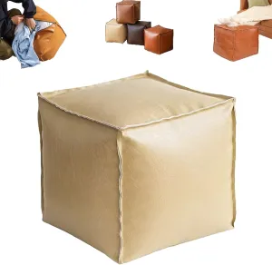 MUGUOY Stuffable Cushion Bag, 16 Inch Faux Leather Floor Footrest Cushion Storage Bag, Oil Waxed Leather Cube Bean Bag Ottoman, Store Idle Clothes,Plush Toy, for Living Bedrooms (Beige)