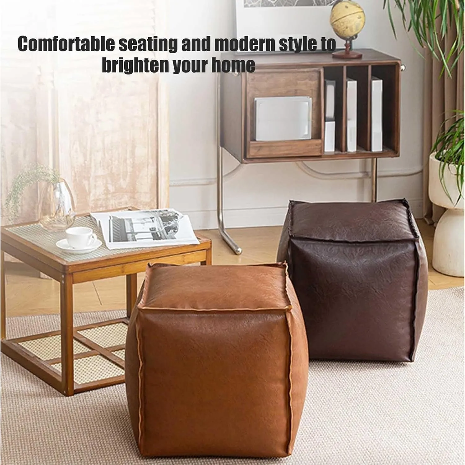 MUGUOY Stuffable Cushion Bag, 16 Inch Faux Leather Floor Footrest Cushion Storage Bag, Oil Waxed Leather Cube Bean Bag Ottoman, Store Idle Clothes,Plush Toy, for Living Bedrooms (Beige)